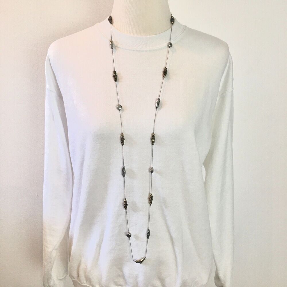 Silver Tone Brass Mixed Metal Plastic Beaded Long 52in Rope Chain Necklace